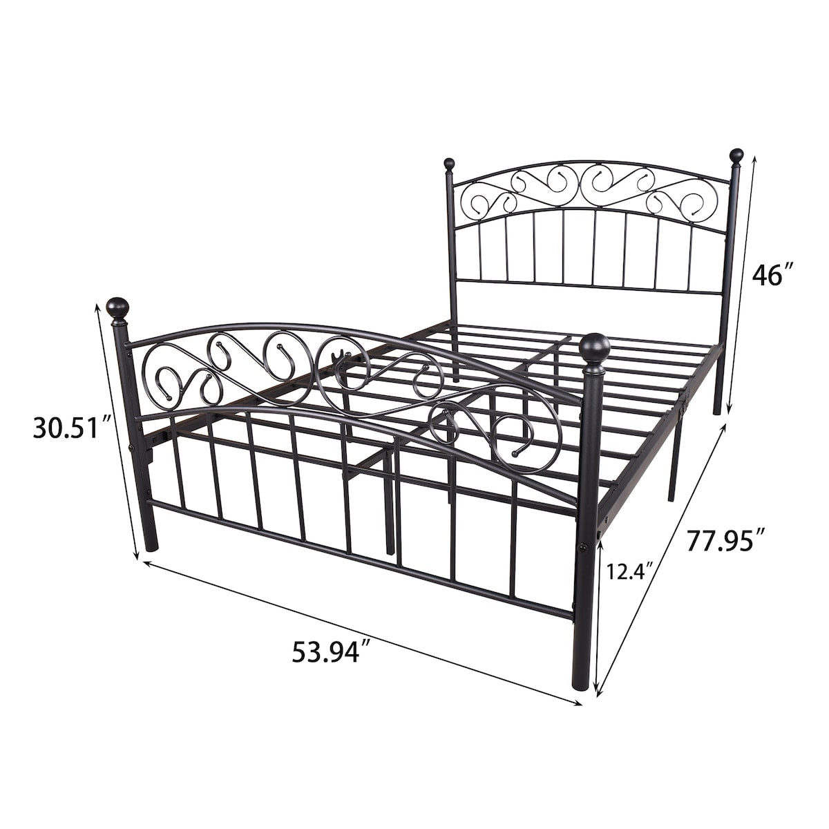 Metal bed frame platform with headboard and footboard, heavy duty and quick assembly, Full Black