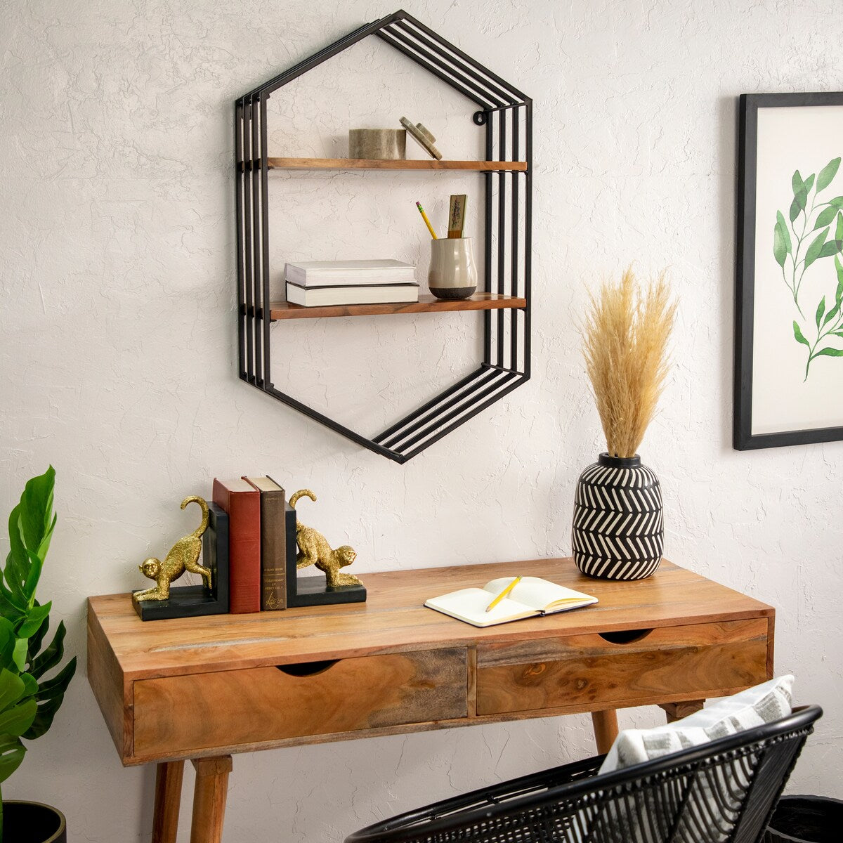 Metal, wood 32"h Hexagon Wall Shelf, Brown 32"H - 20.0" x 8.0" x 32.0"