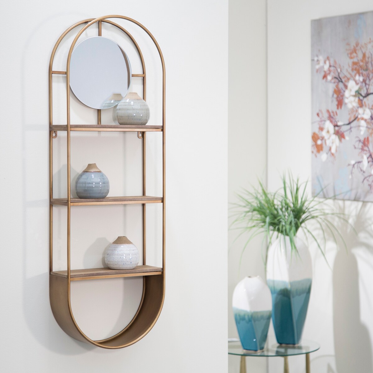 Metal, wood 35" Oval Wall Shelfw, Mirror, Bronze 35.43"H - 11.81" x 4.72" x 35.43"