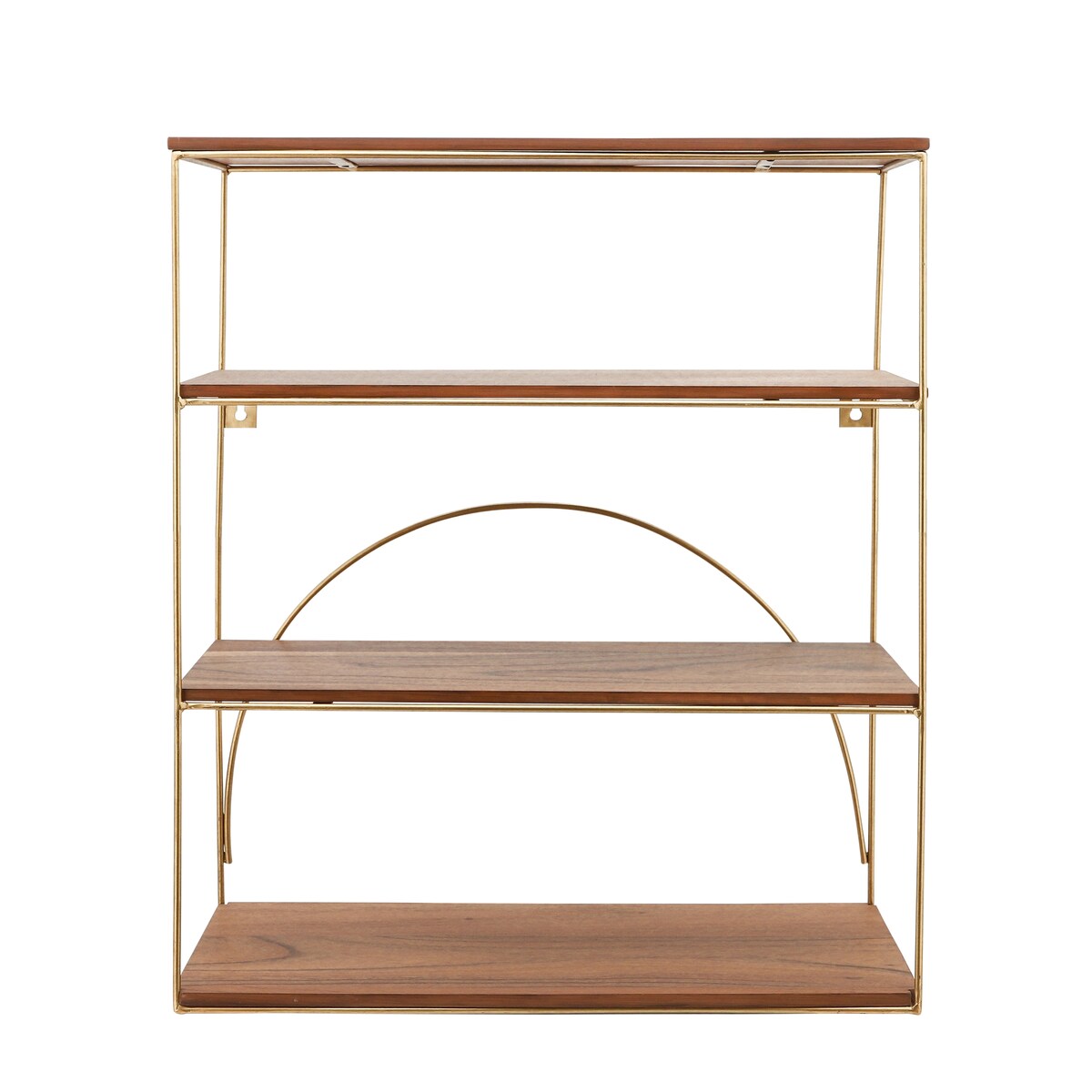 Metal, wood, 31"h 4-tier Wall Shelf, Brown, gold 31.0"H - 26.0" x 11.0" x 31.0"