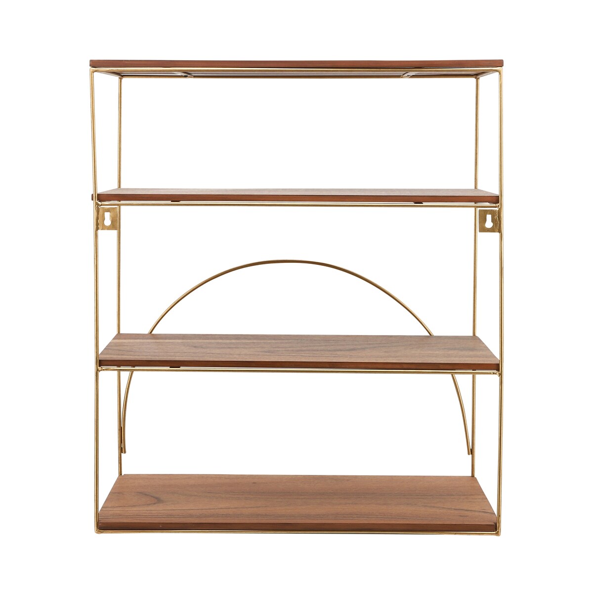 Metal, wood, 31"h 4-tier Wall Shelf, Brown, gold 31.0"H - 26.0" x 11.0" x 31.0"