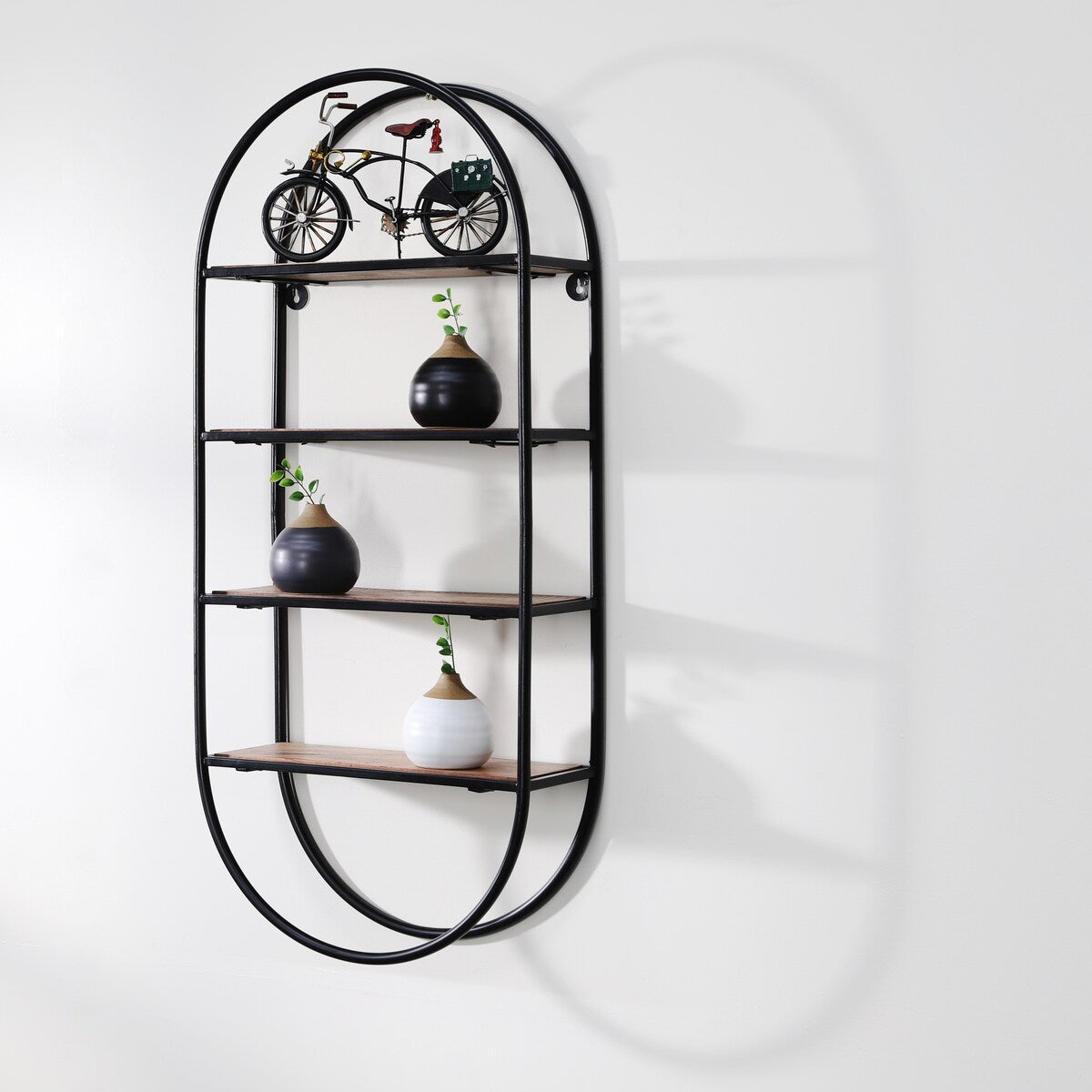 Metal, wood, 36"h Oval 4-tier Wall Shelf, Brown 36.0"H - 16.0" x 6.0" x 36.0"