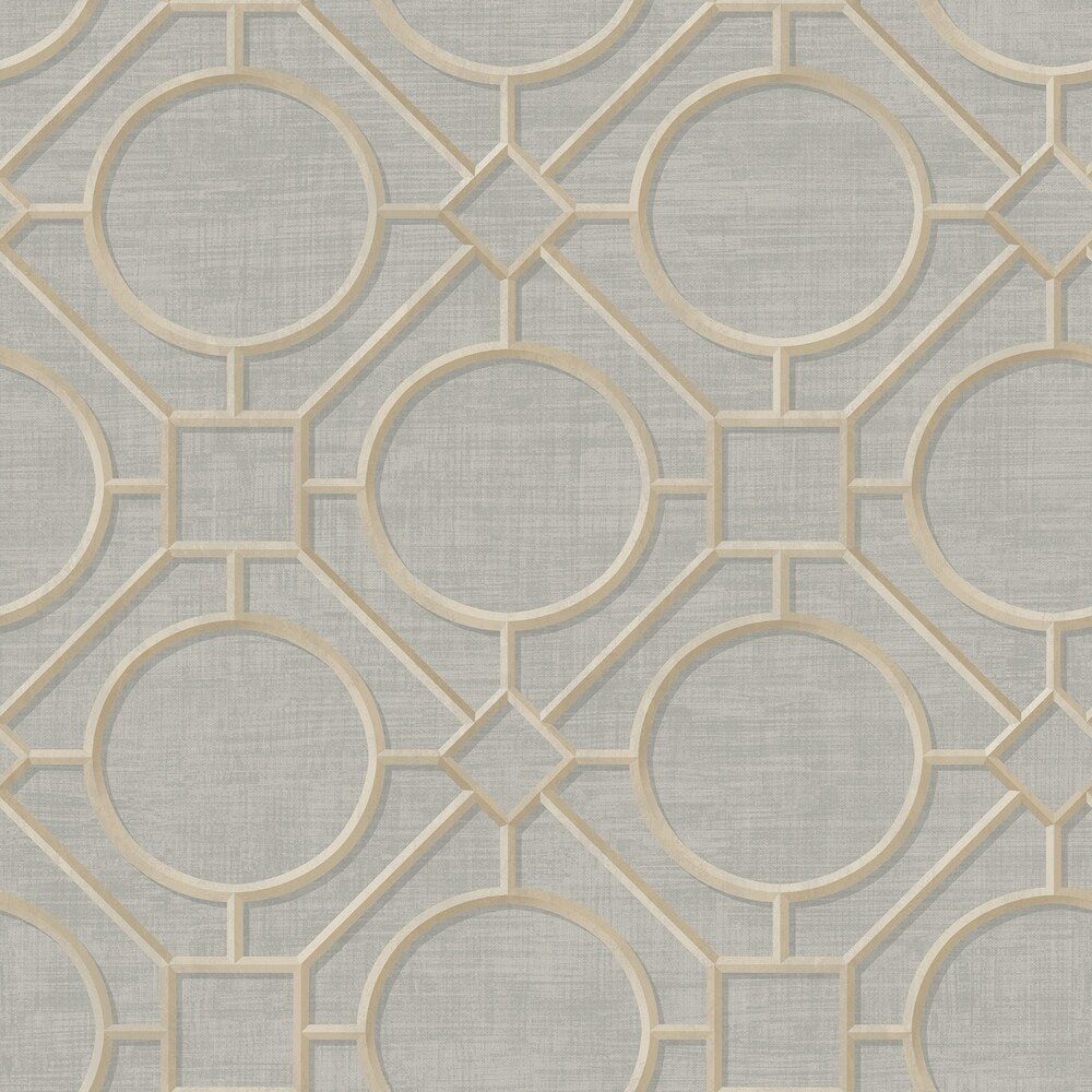 Metallic Silk Road Trellis Wallpaper, 27 feet long X 27 inchs Wide, Metallic Gold and Gray