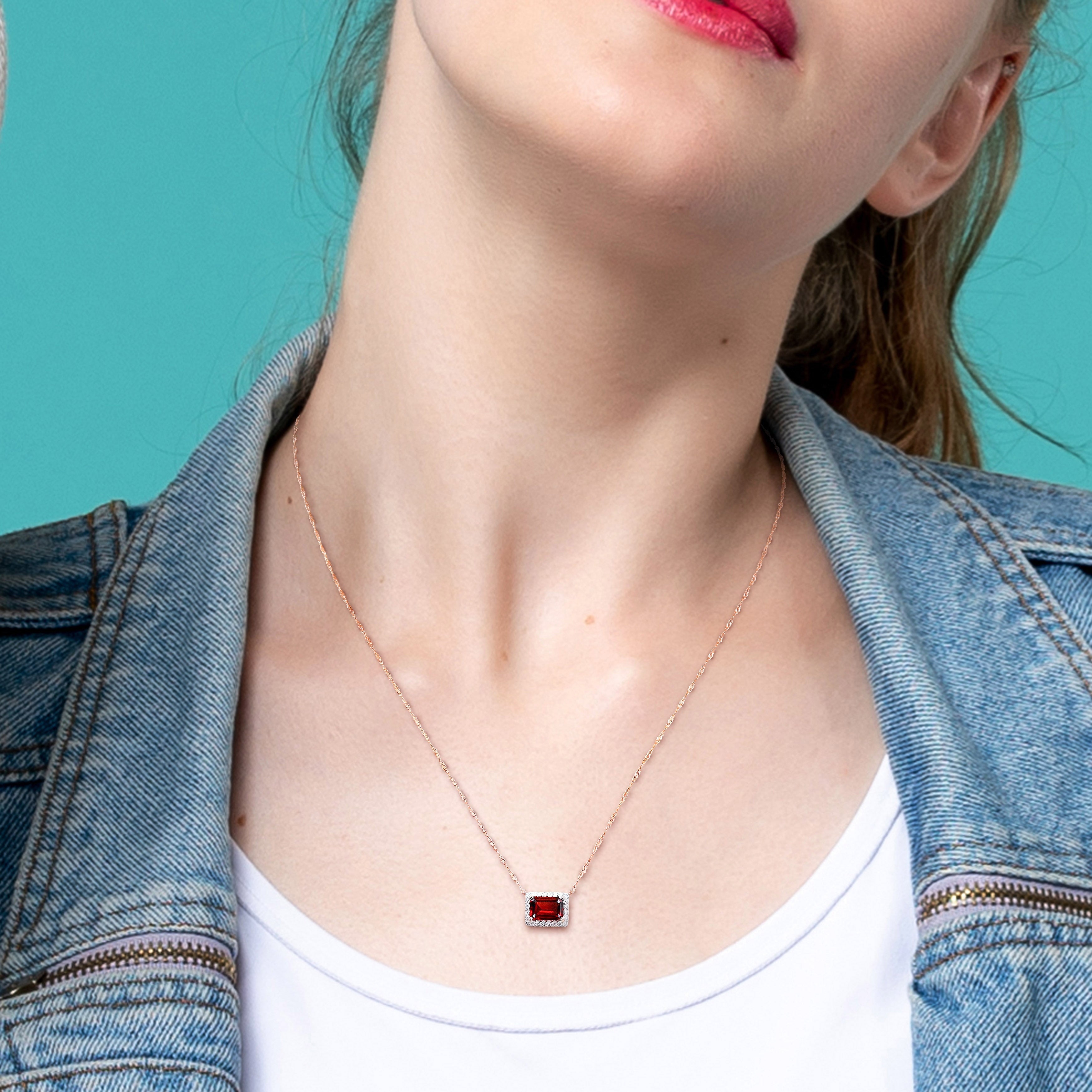 Miadora 1 1/4ct TGW Garnet and 1/8ct TDW Diamond Halo Octagon Necklace in 10k Rose Gold