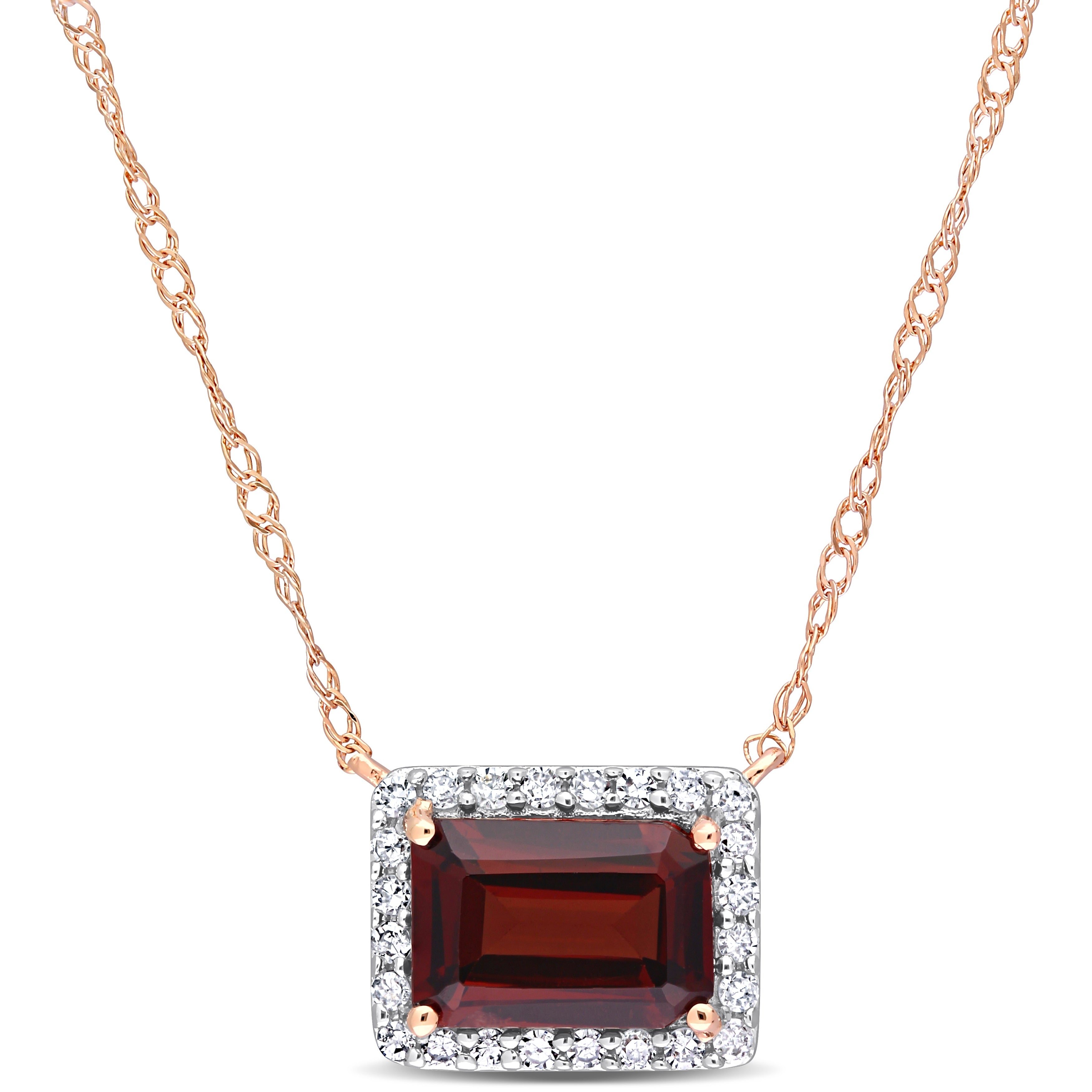 Miadora 1 1/4ct TGW Garnet and 1/8ct TDW Diamond Halo Octagon Necklace in 10k Rose Gold