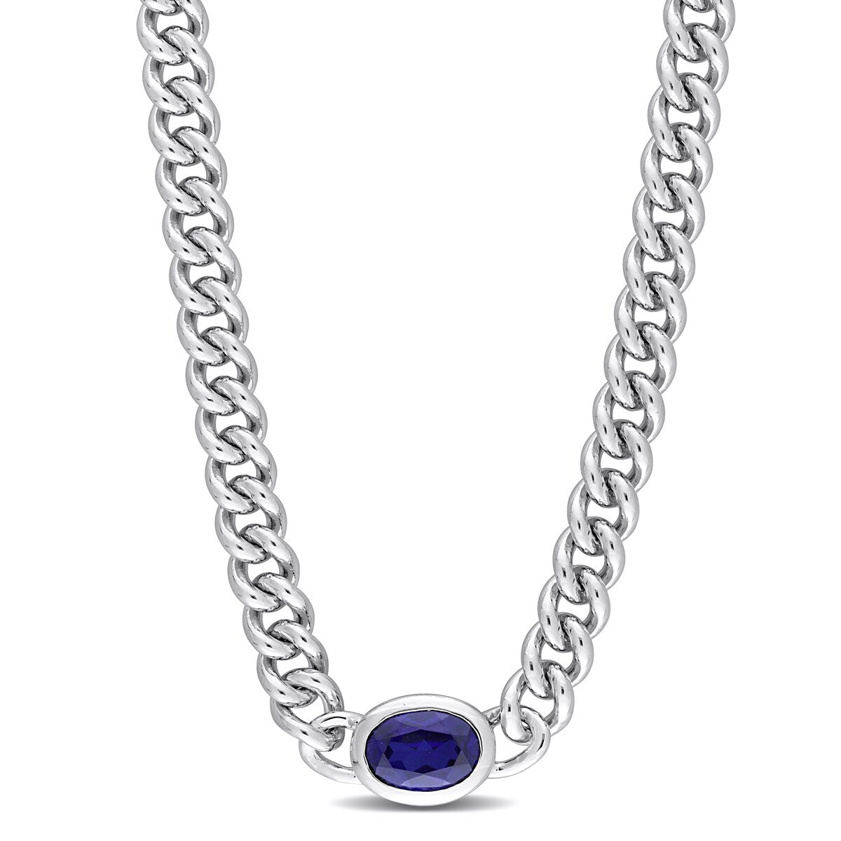 Miadora 1 1/4ct TGW Oval Created Blue Sapphire Curb Link Necklace Sterling Silver