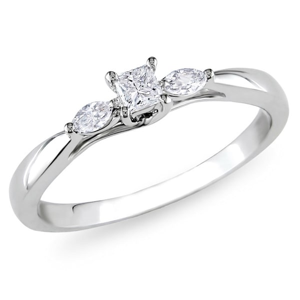 Miadora 10k White Gold 1/4ct TDW Princess and Marquise-Cut 3-Stone Engagement Ring