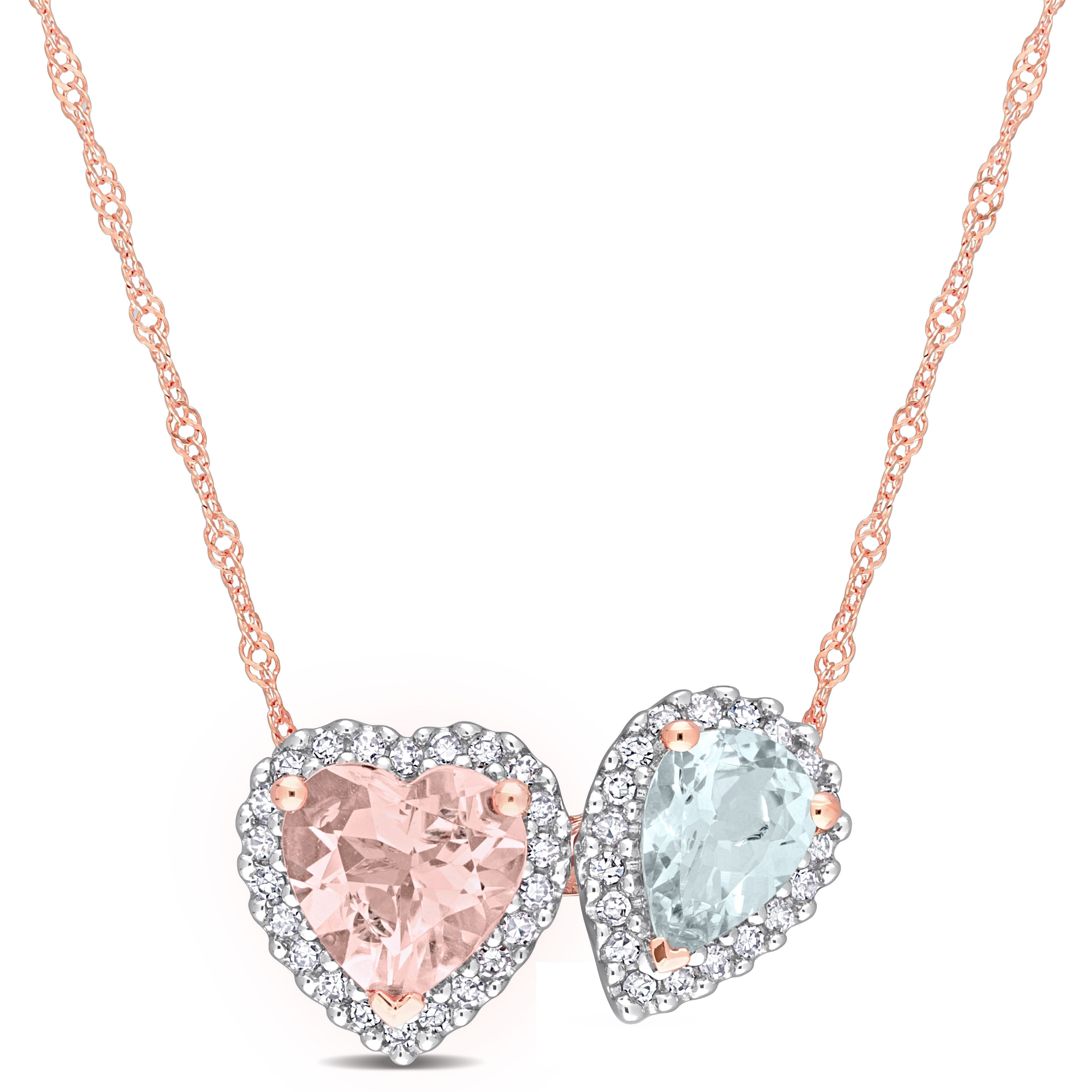 Miadora 1/5 CT Diamond TW And Morganite Aquamarine Fashion Pendant With Chain 14k Pink Gold