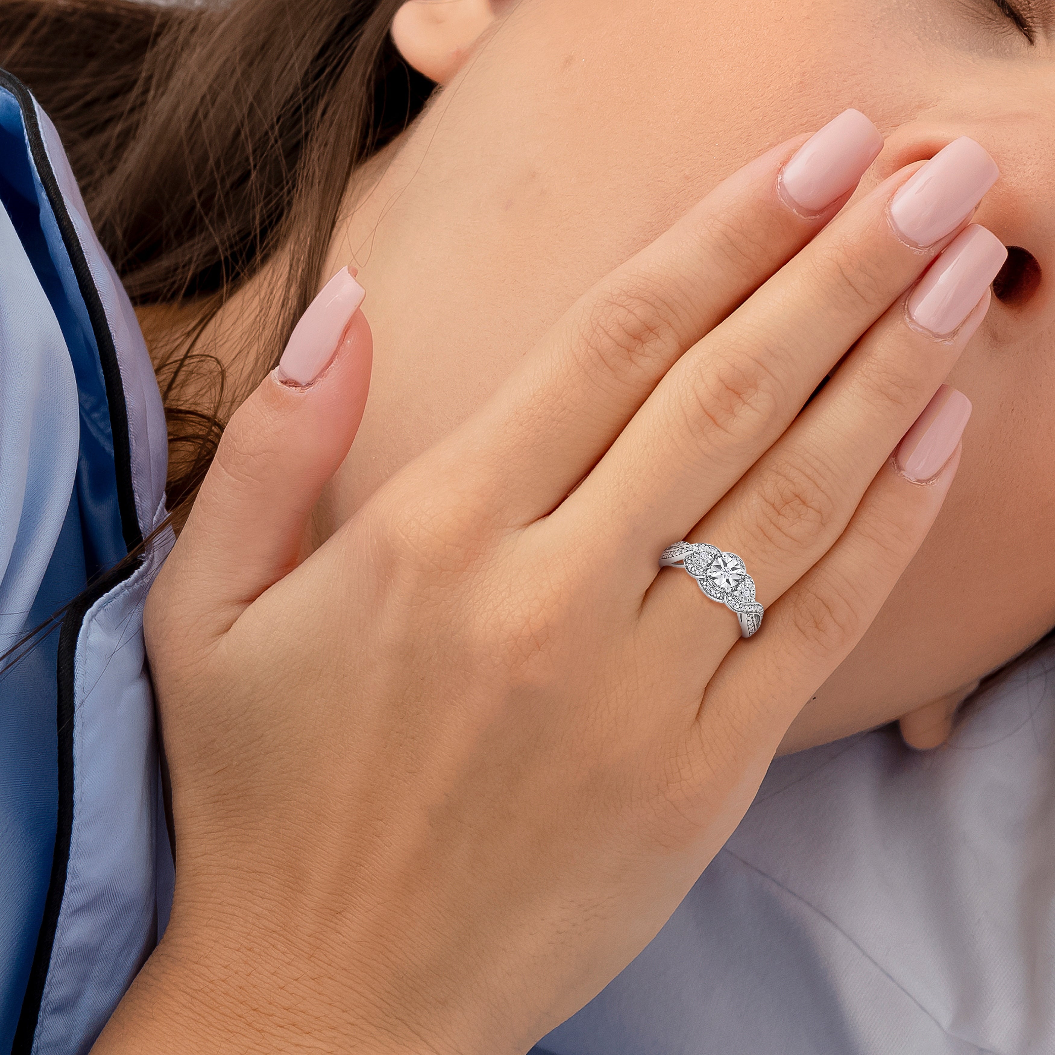 Miadora 1/5ct TDW Diamond 3-Stone Halo Infinity Crossover Engagement Ring in Sterling Silver