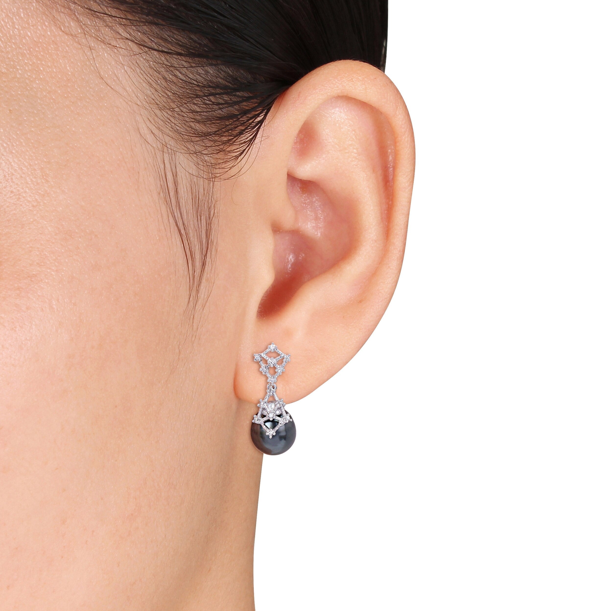 Miadora 1/7 CT Diamond and Black Tahitian Cultured Pearl Earrings 14k White Gold