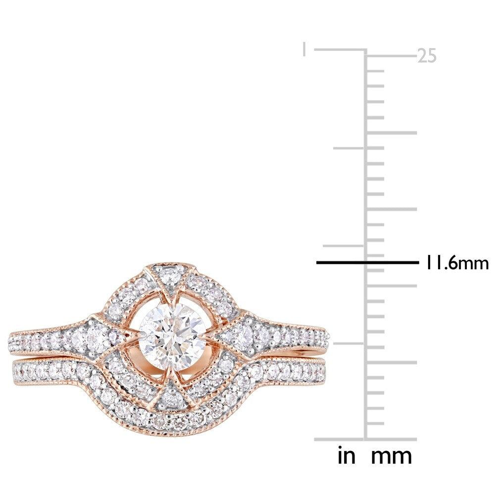 Miadora 10k Rose Gold 3/4ct TDW Diamond Halo Vintage Wedding Ring Set
