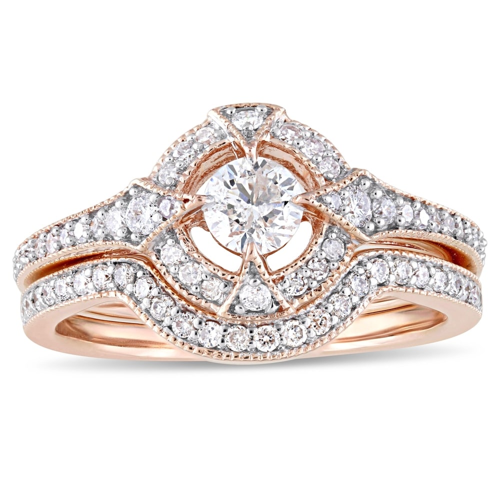 Miadora 10k Rose Gold 3/4ct TDW Diamond Halo Vintage Wedding Ring Set