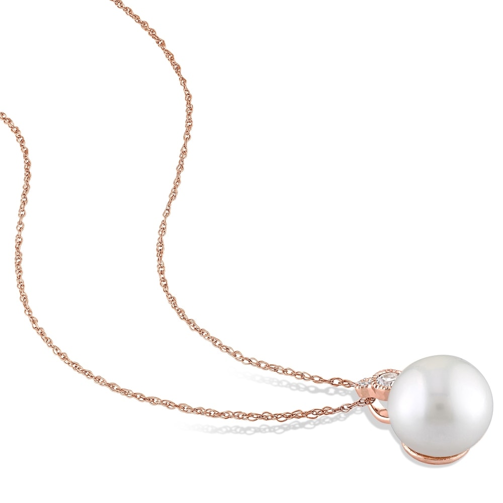 Miadora 10k Rose Gold Cultured FW Pearl, White Sapphire & 1/10ct TDW Diamond Necklace (9.5-10 MM)