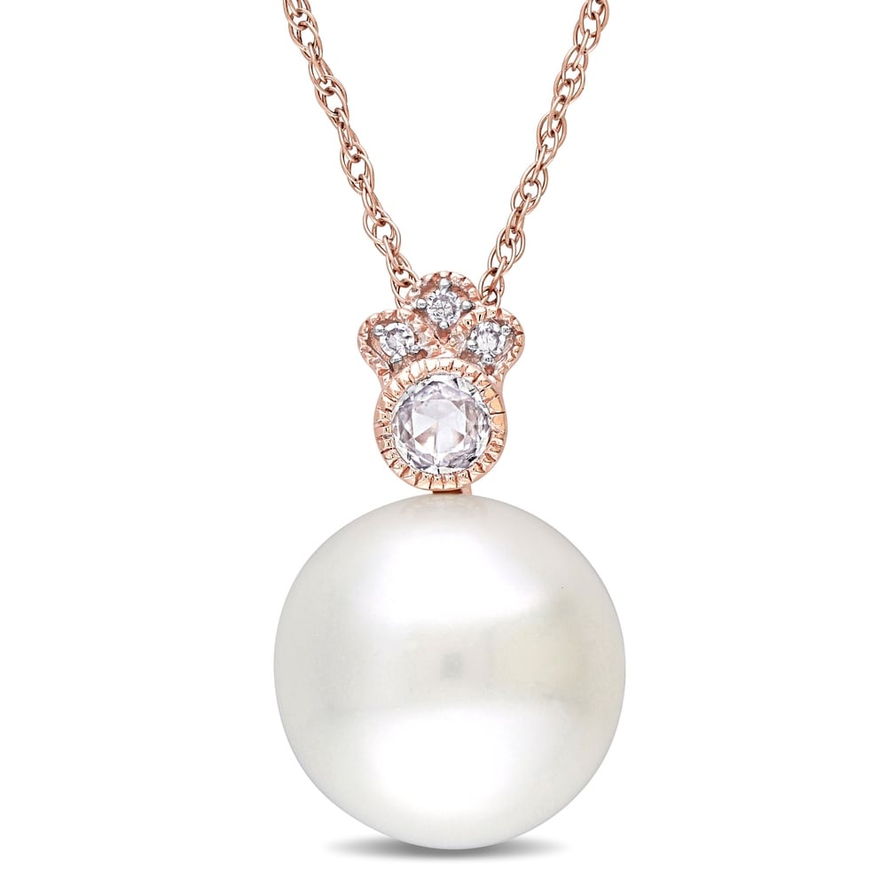 Miadora 10k Rose Gold Cultured FW Pearl, White Sapphire & 1/10ct TDW Diamond Necklace (9.5-10 MM)
