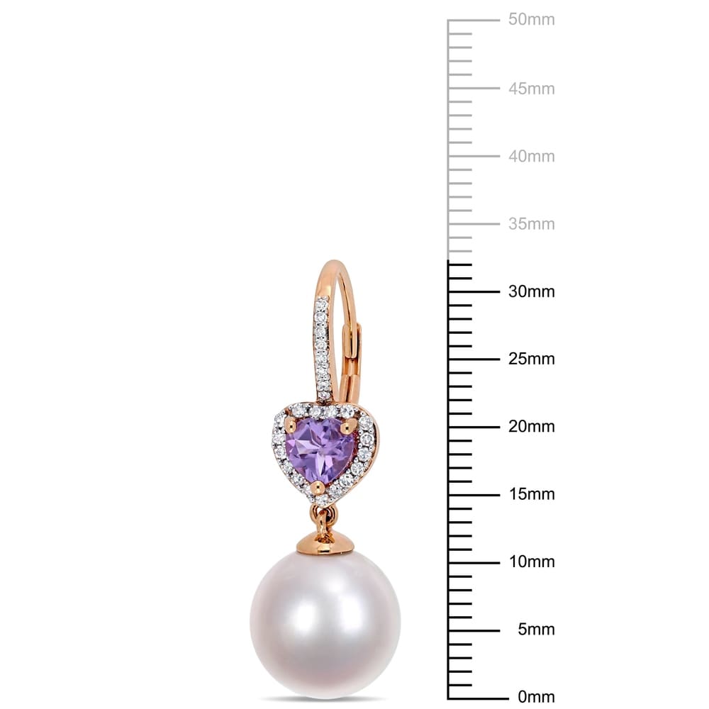 Miadora 10k Rose Gold Cultured Freshwater Pearl 1/5ct TDW Diamond Amethyst Heart Drop Earrings (11-12mm)
