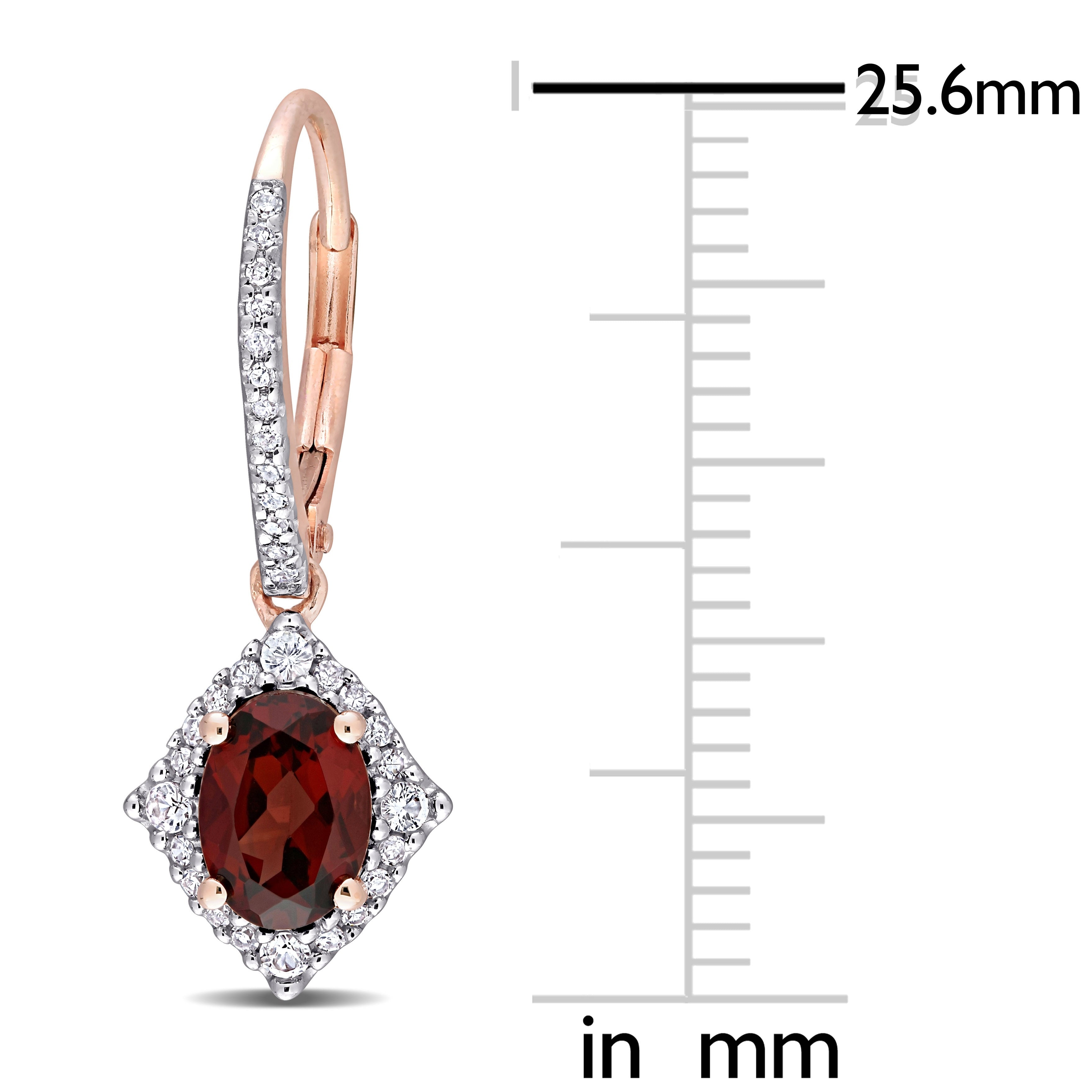 Miadora 10k Rose Gold Garnet, White Sapphire and 1/5ct TDW Diamond Halo Leverback Earrings - 25.6mm x 9.6mm x 13.7mm