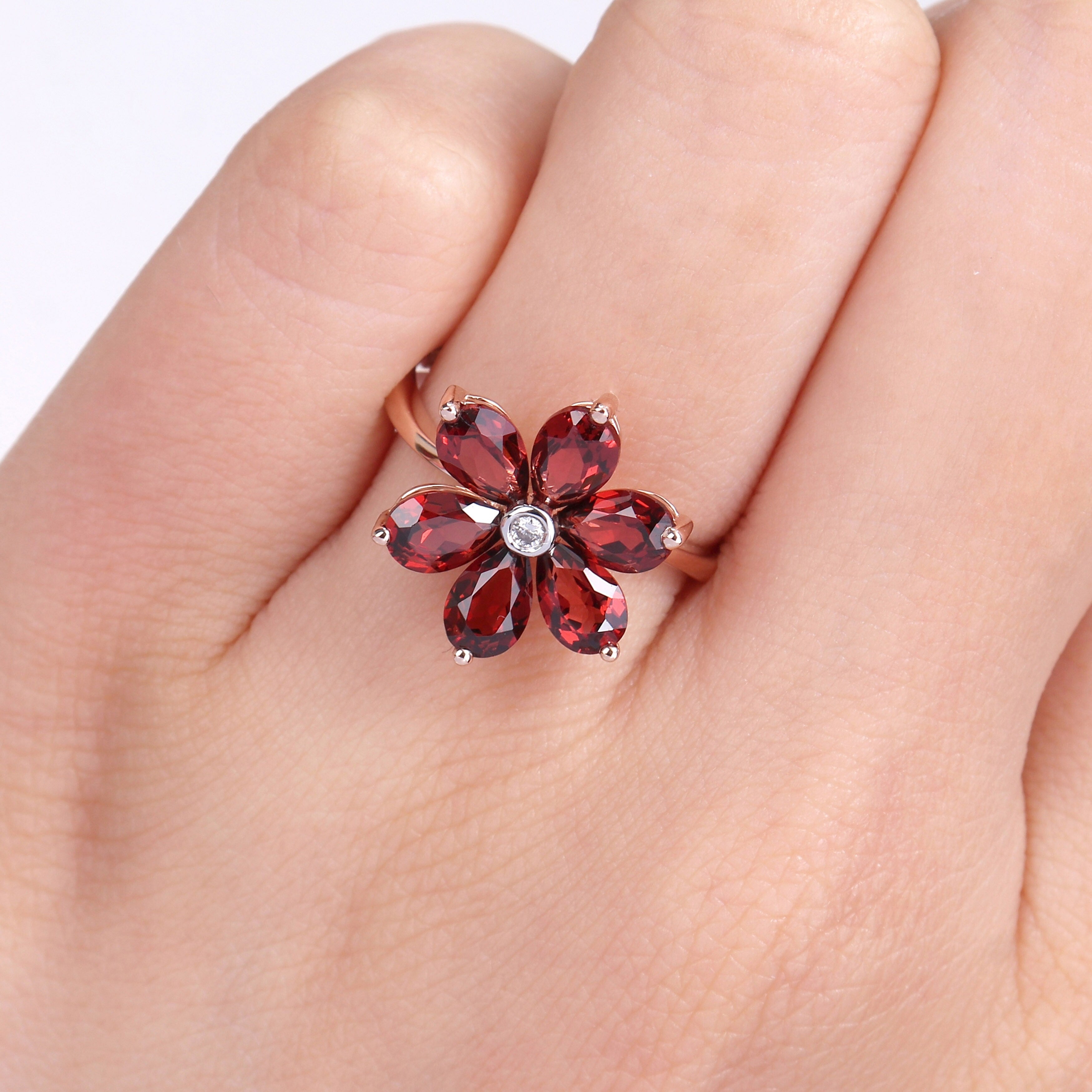 Miadora 10k Rose Gold Pear-cut Garnet and Diamond Accent Floral Ring