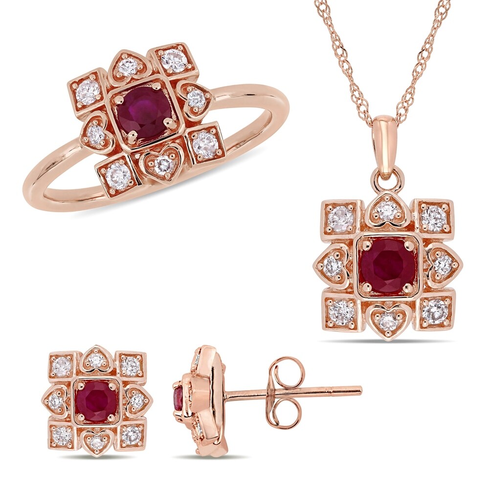 Miadora 10k Rose Gold Ruby and 5/8ct TDW Diamond Artisanal Halo Jewelry Set