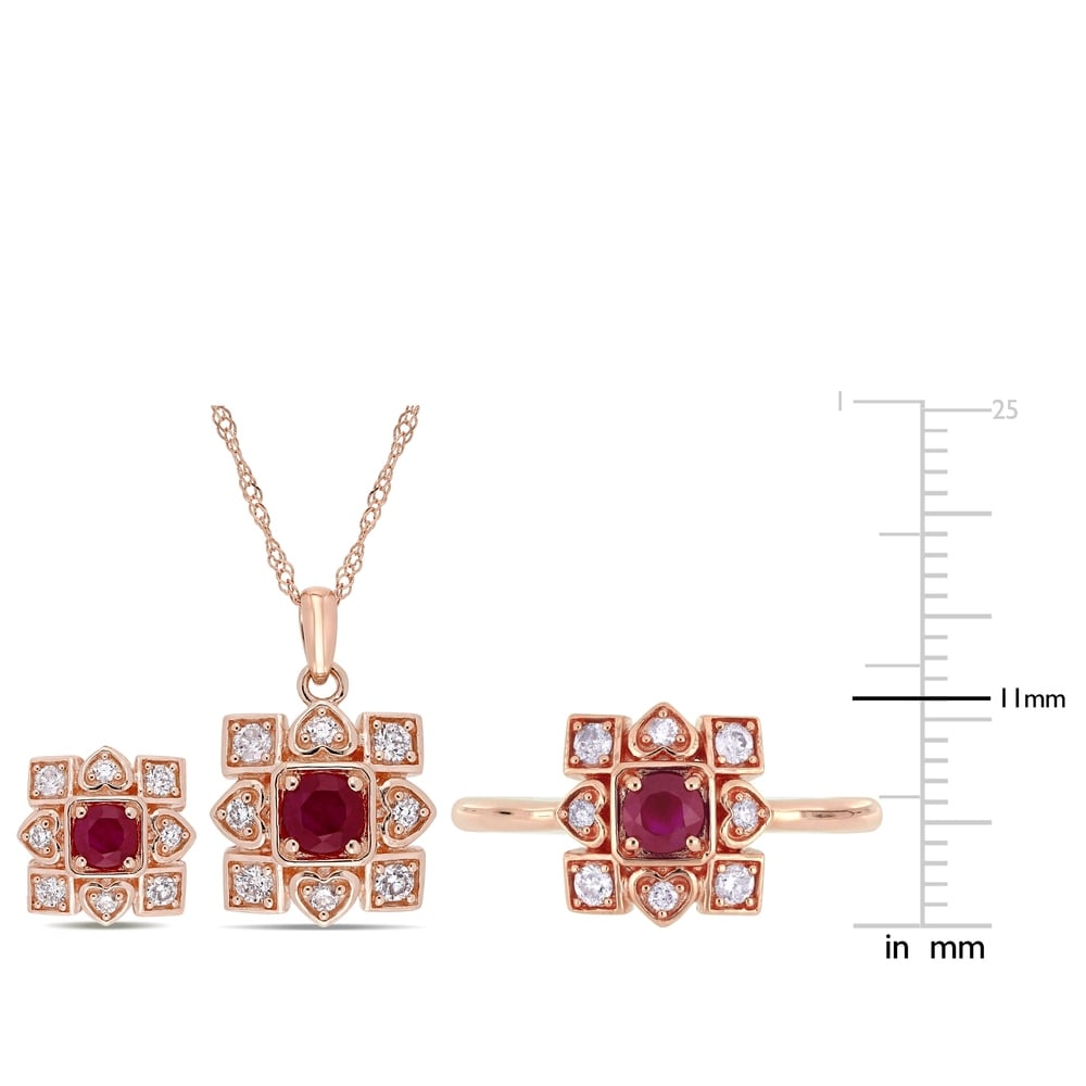 Miadora 10k Rose Gold Ruby and 5/8ct TDW Diamond Artisanal Halo Jewelry Set