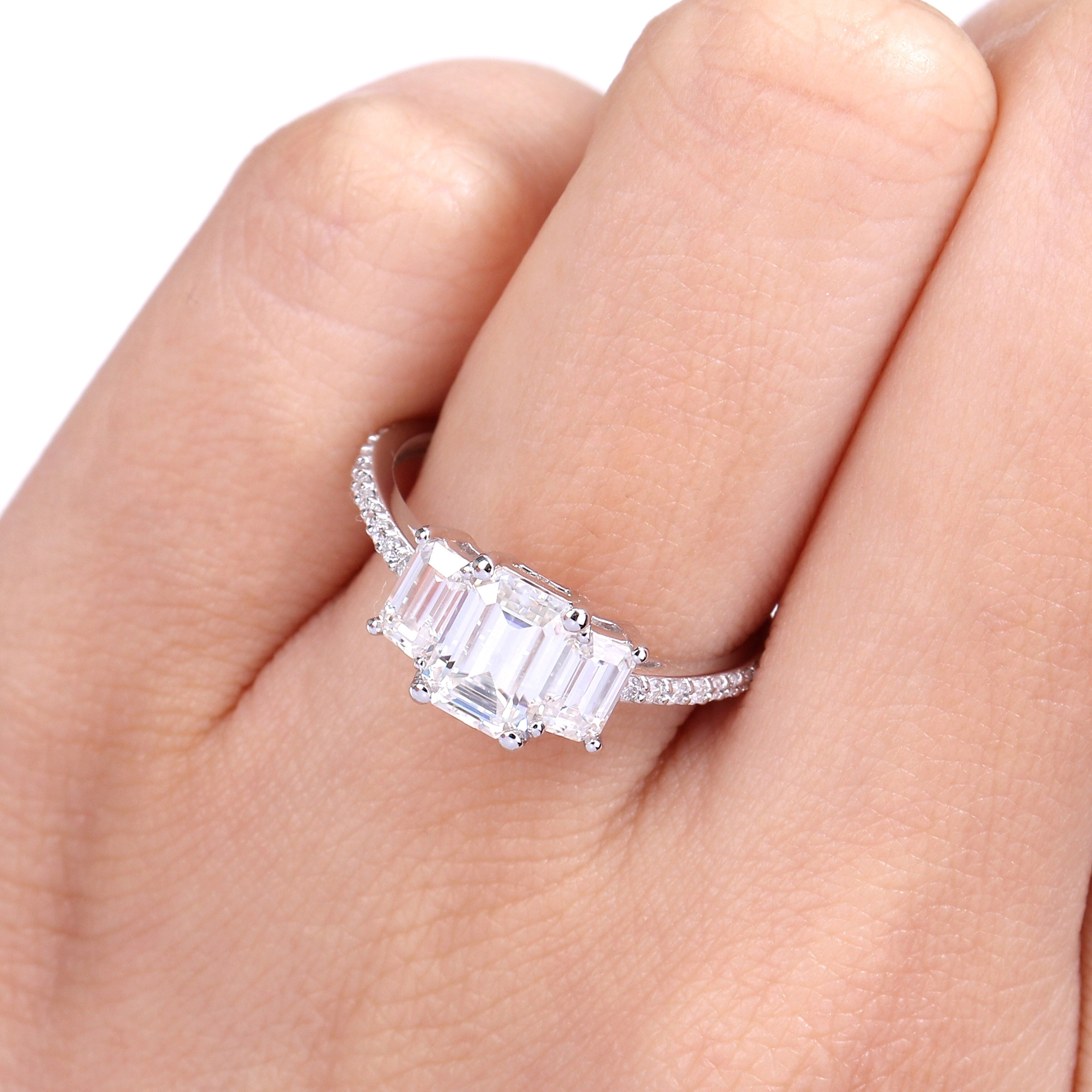 Miadora 1 3/4ct DEW Octagon-cut Moissanite 3-Stone Engagement Ring in 10k White Gold