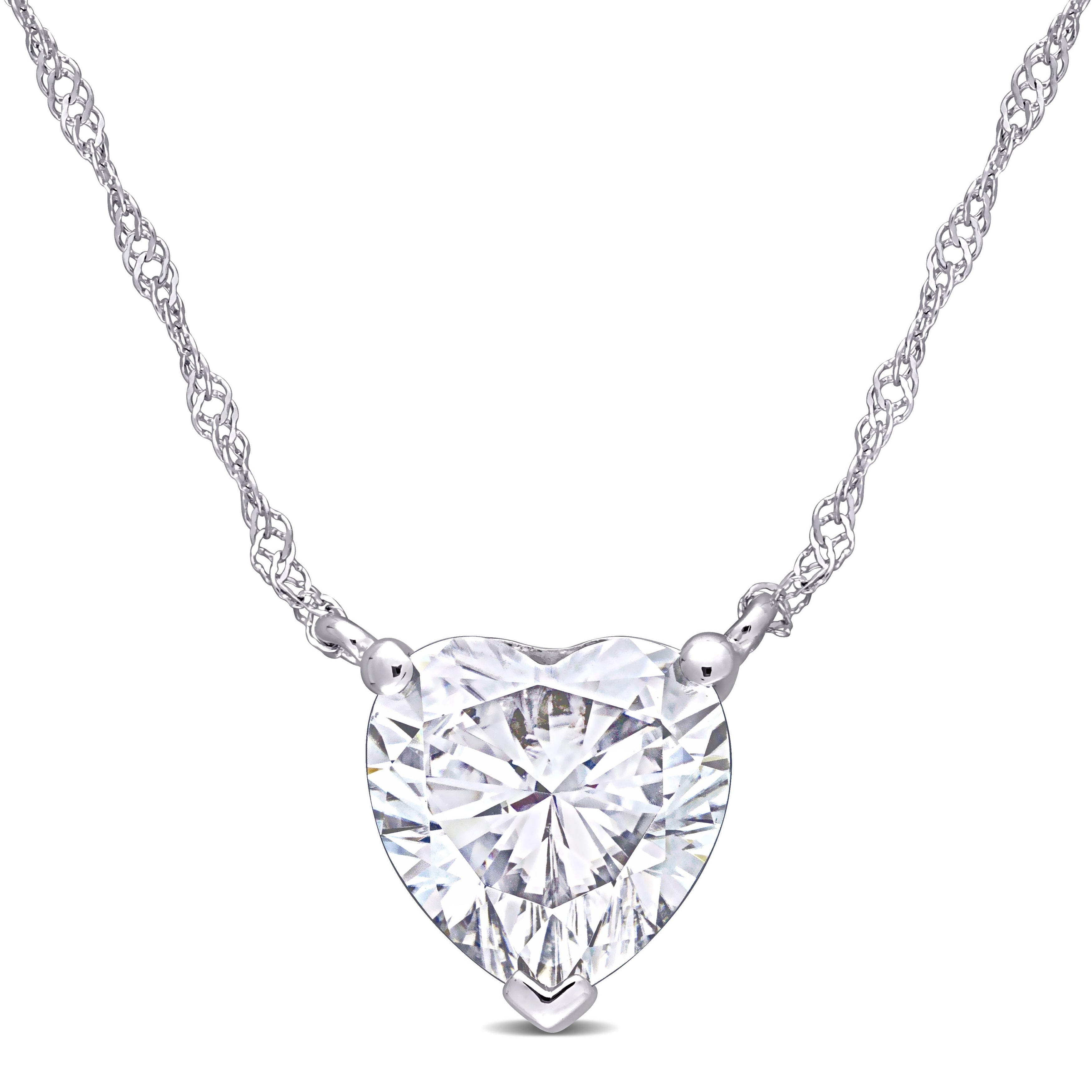 Miadora 2ct DEW Moissanite Solitaire Heart Station Necklace in 10k White Gold