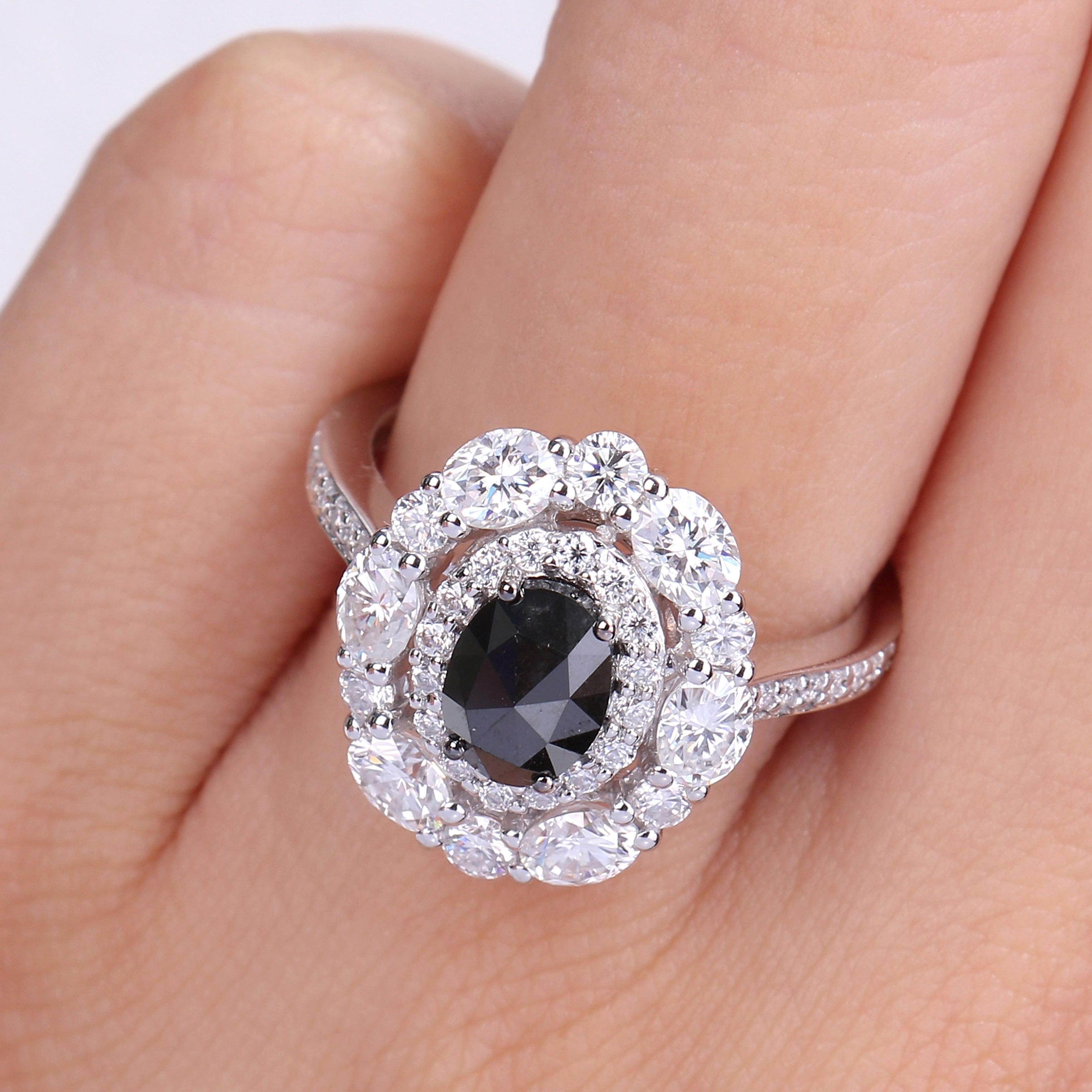 Miadora 10k White Gold 3/4ct TDW Black Diamond & 2ct TGW Created Moissanite Halo Engagement Ring