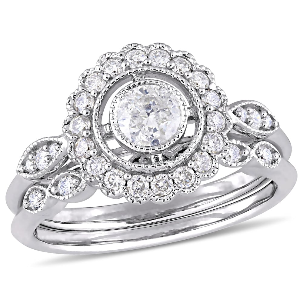 Miadora 10k White Gold 3/4ct TDW Diamond Halo Floral Bridal Ring Set