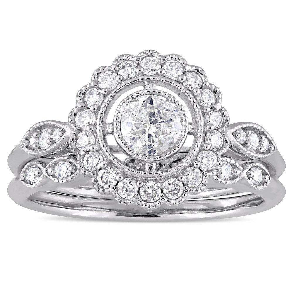 Miadora 10k White Gold 3/4ct TDW Diamond Halo Floral Bridal Ring Set
