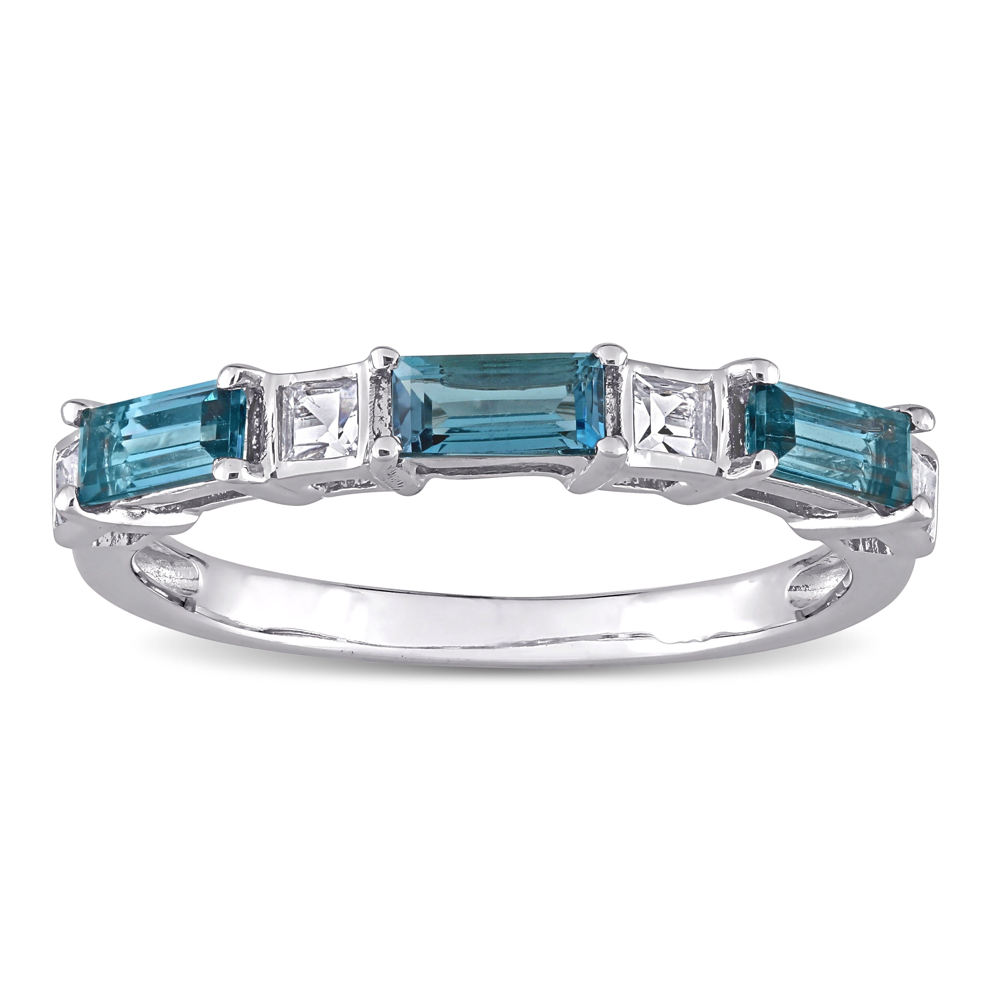 Baguette London-Blue Topaz & White Topaz Stackable Eternity Wedding Band Ring in 10k White Gold by Miadora