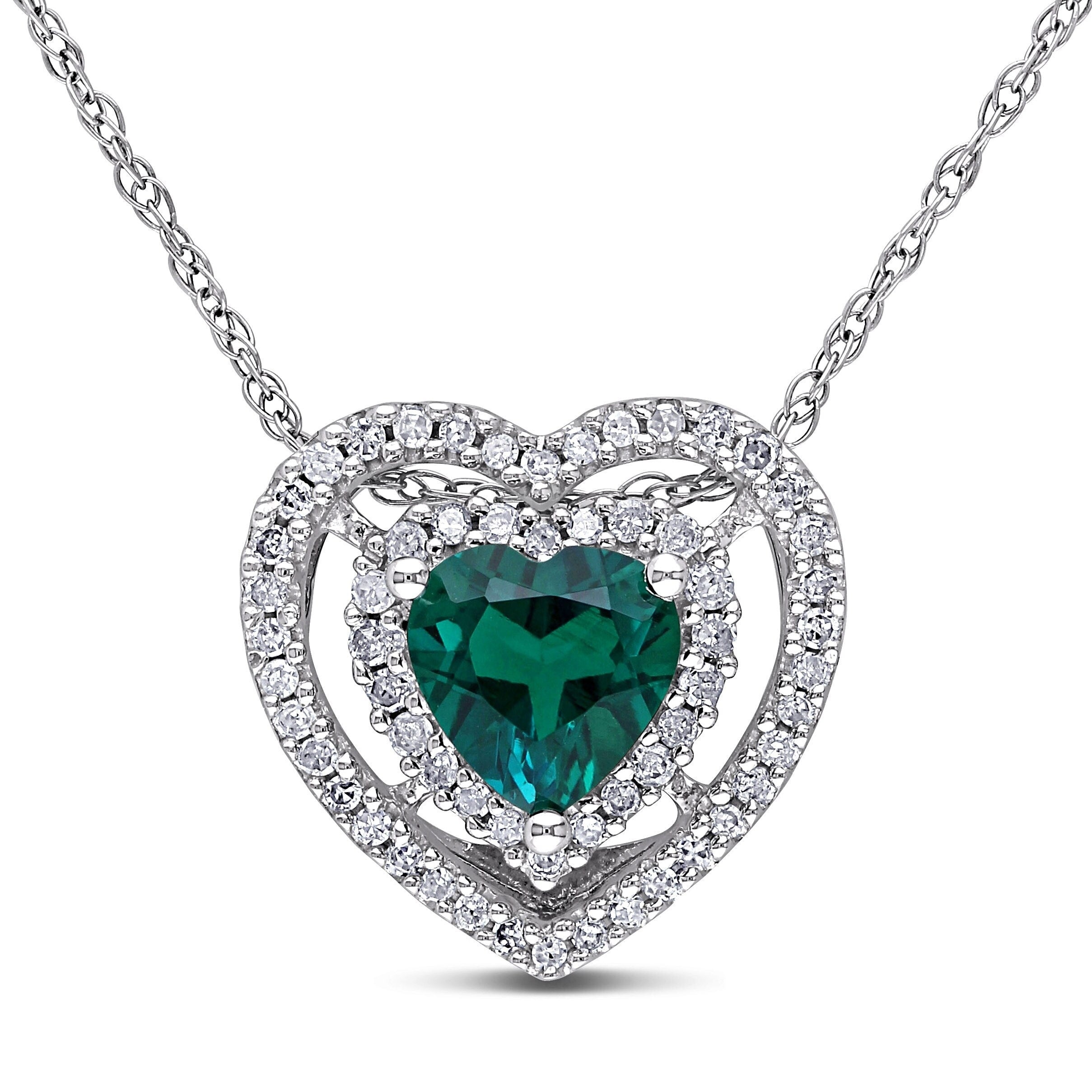 10k Yellow Gold Created Emerald and Diamond Heart Necklace 10k Yellow Gold Created Emerald and Diamond Heart Necklace