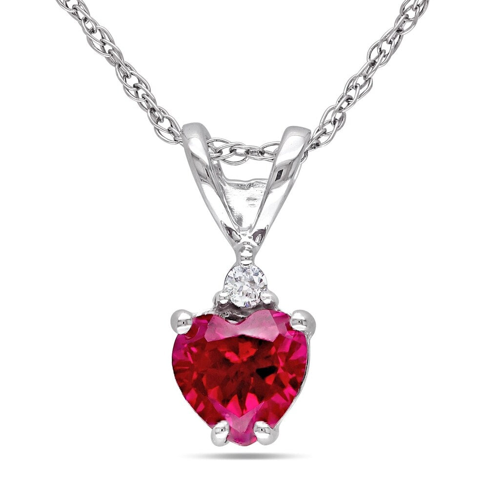 Miadora 10k White Gold Created Ruby and Diamond Heart Necklace