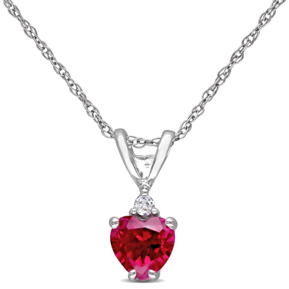 Miadora 10k White Gold Created Ruby and Diamond Heart Necklace