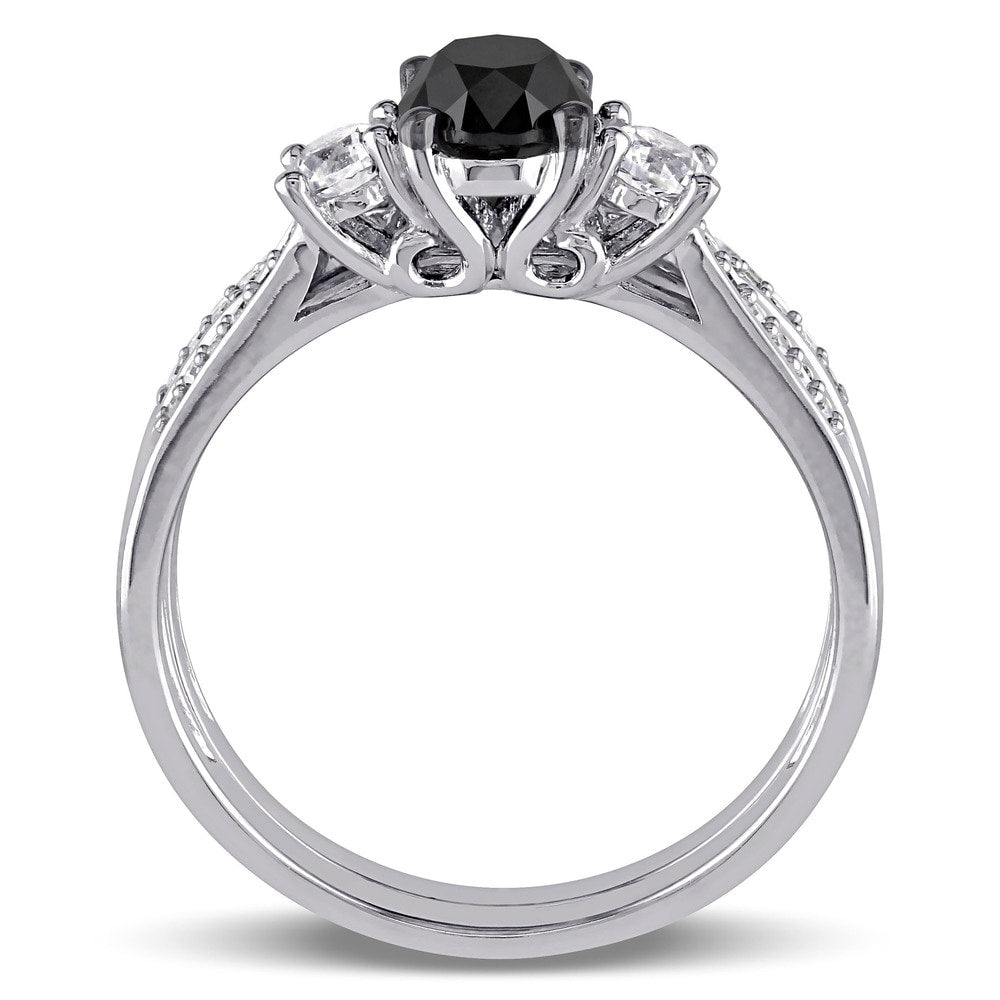 Miadora 10k White Gold Created White Sapphire and 7/8ct Black and White Diamond Bridal Ring Set (G-H, I2-I3)