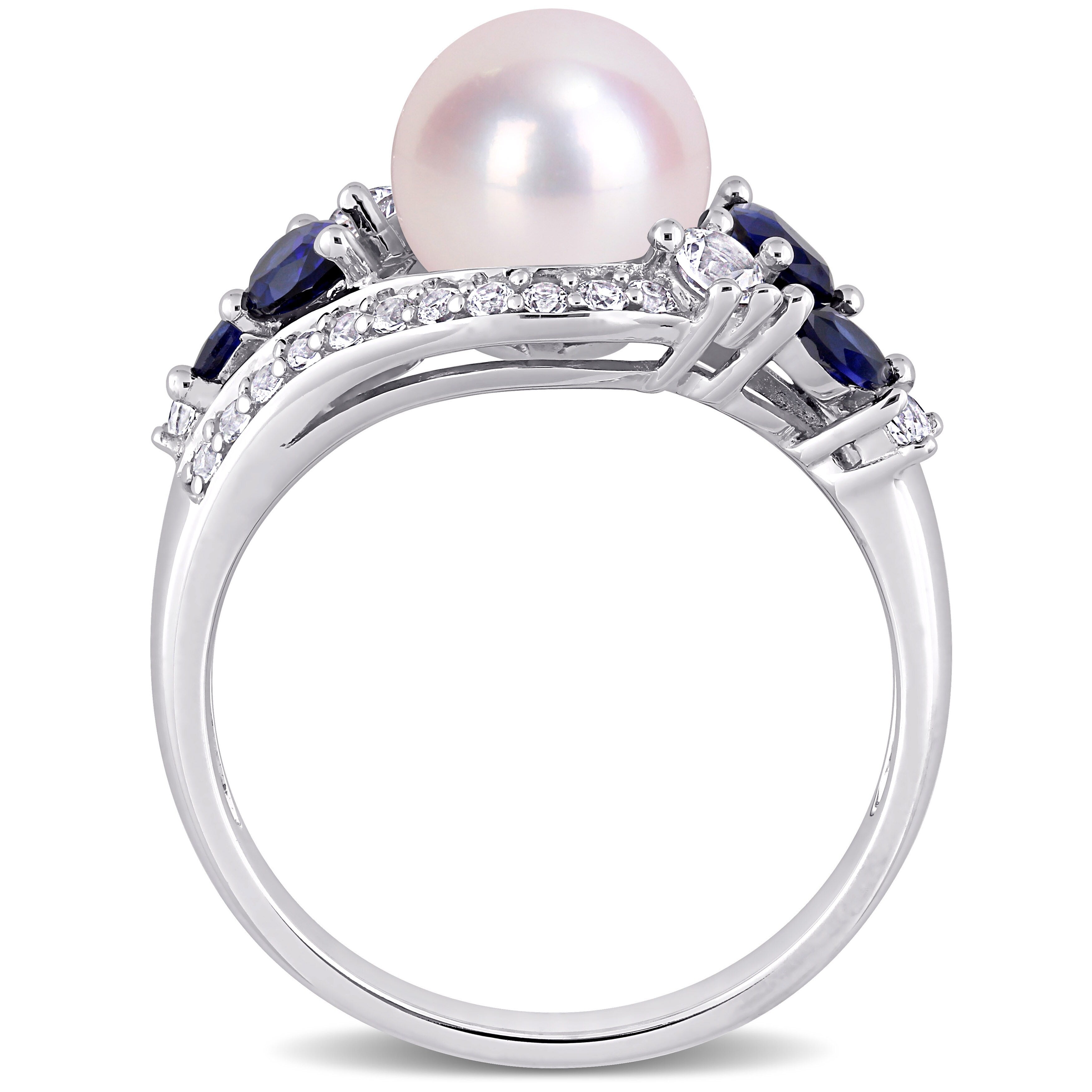 Miadora 10k White Gold Cultured FW Pearl with Created Blue & White Sapphire Pearl Ring (8-8.5mm)