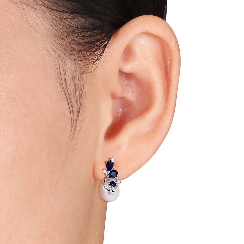 Miadora 10k White Gold Cultured Freshwater Pearl, Sapphire and Diamond Earrings (H-I, I2-I3)