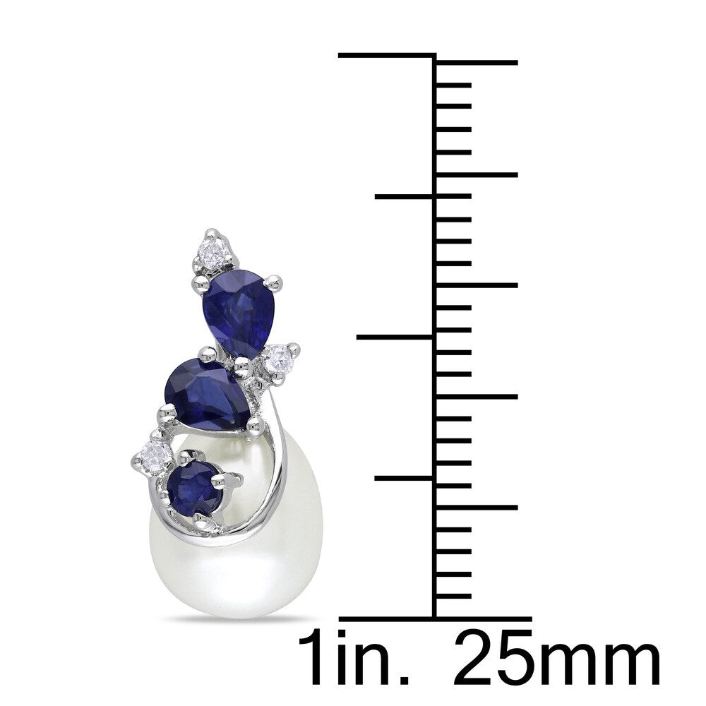 Miadora 10k White Gold Cultured Freshwater Pearl, Sapphire and Diamond Earrings (H-I, I2-I3)