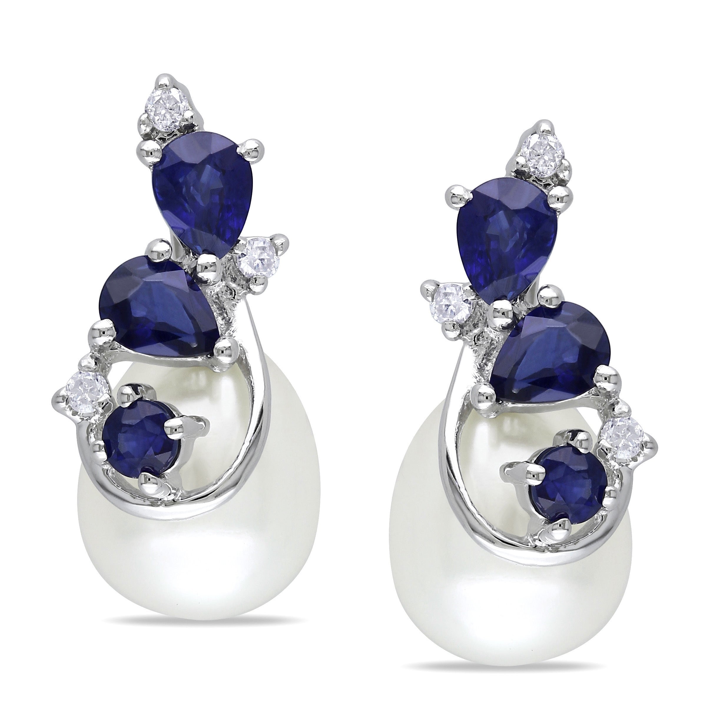 Miadora 10k White Gold Cultured Freshwater Pearl, Sapphire and Diamond Earrings (H-I, I2-I3)