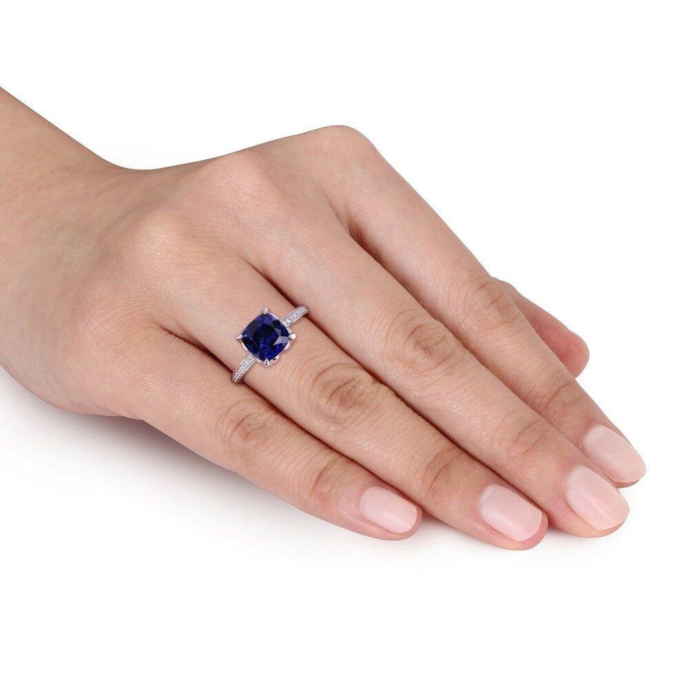 Miadora 10k White Gold Cushion-Cut Created Blue Sapphire and Diamond Ring