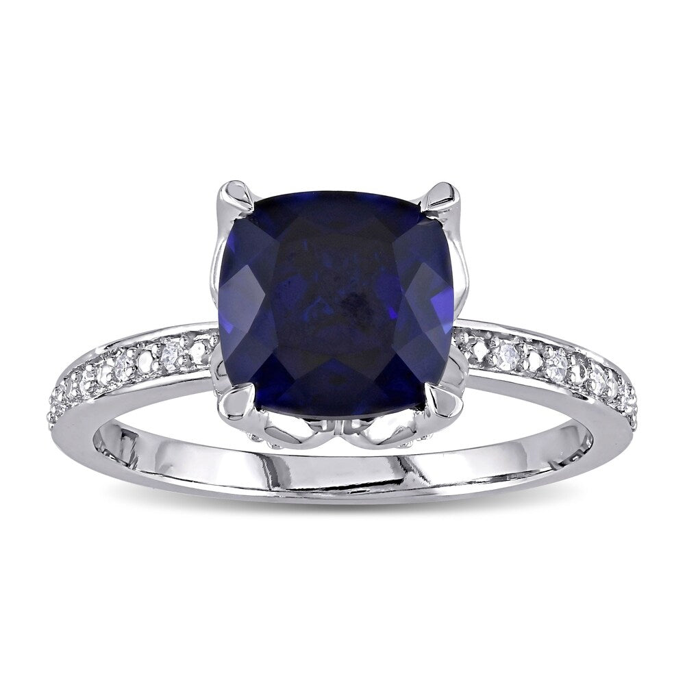 Miadora 10k White Gold Cushion-Cut Created Blue Sapphire and Diamond Ring