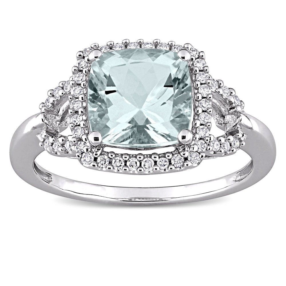 Miadora 10k White Gold Cushion-cut Aquamarine and 1/6ct TDW Diamond Halo Engagement Ring