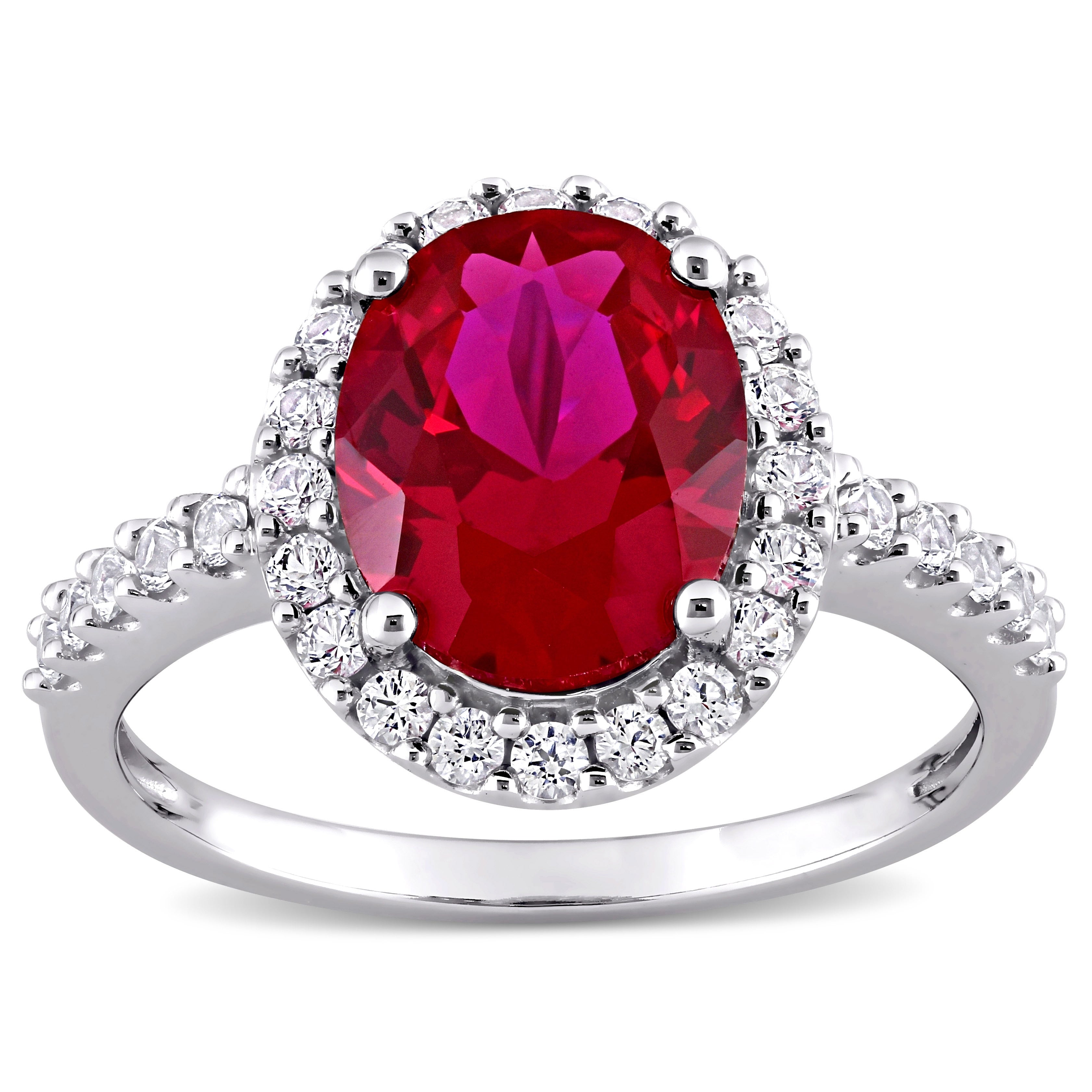 Miadora 10k White Gold Oval-cut Created Ruby and Created White Sapphire Halo Engagement Ring