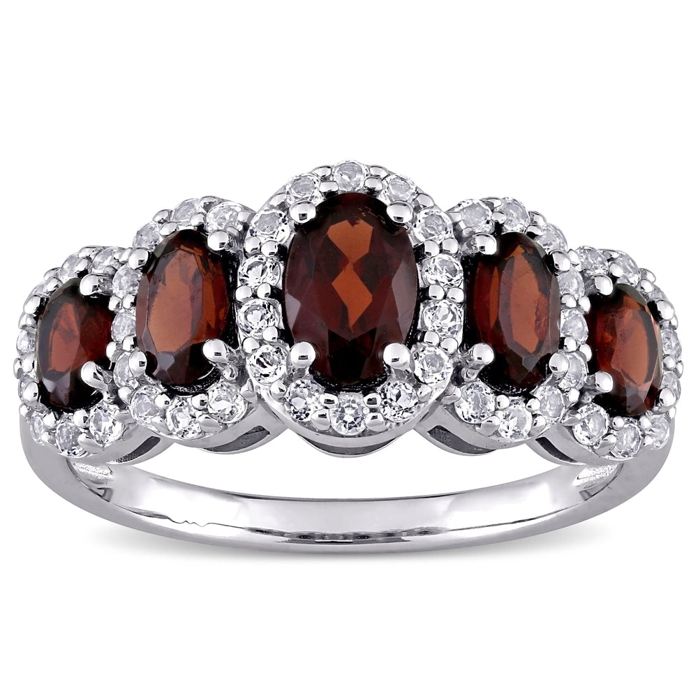 Miadora 10k White Gold Oval-cut Garnet and White Topaz 5-Stone Halo Ring
