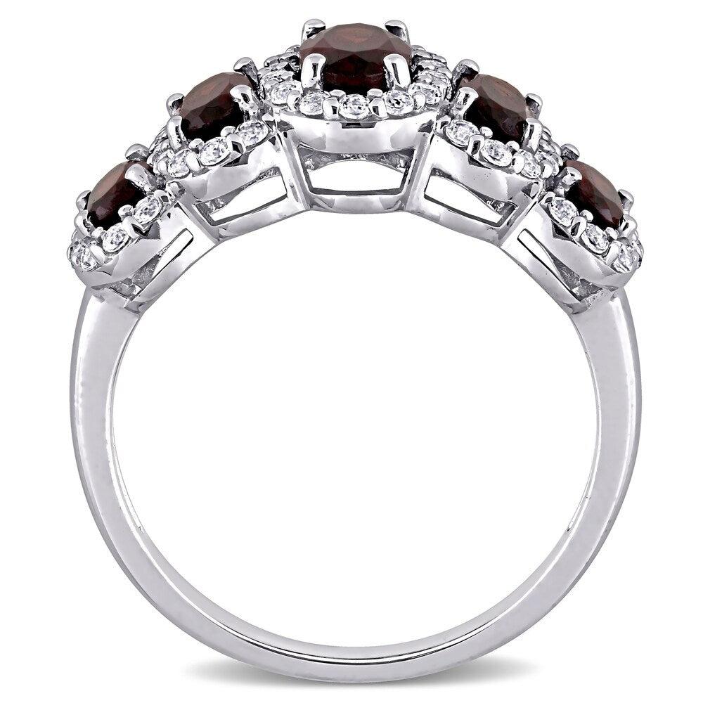 Miadora 10k White Gold Oval-cut Garnet and White Topaz 5-Stone Halo Ring