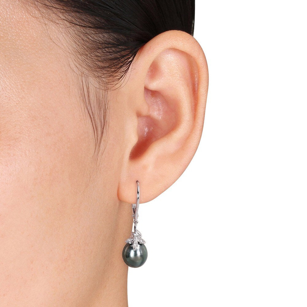 Miadora 10k White Gold Tahitian Black Pearl and Diamond Accent Dangle Earrings (9-10 mm)