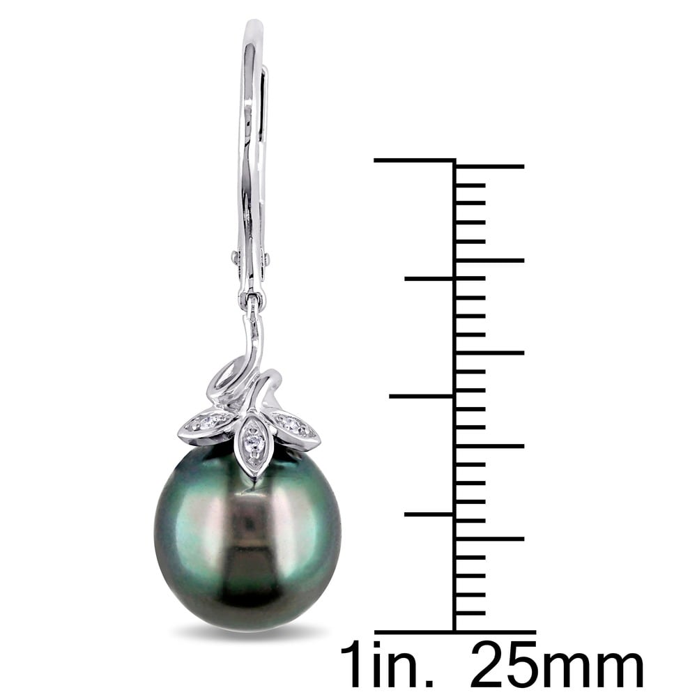 Miadora 10k White Gold Tahitian Black Pearl and Diamond Accent Dangle Earrings (9-10 mm)