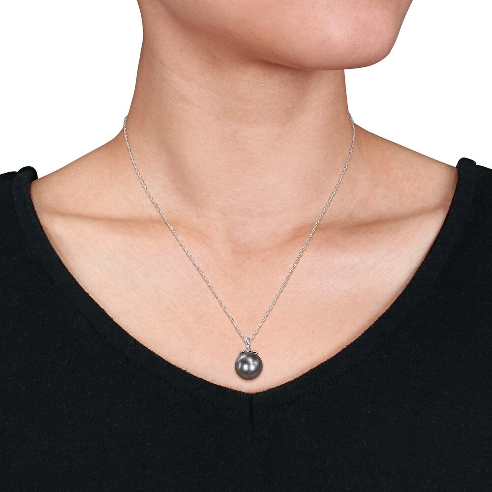 Miadora 10k White Gold Tahitian Cultured Pearl and Diamond Drop Necklace (11-12 MM)