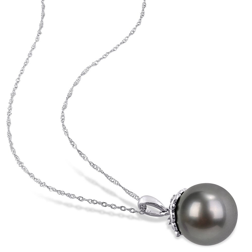 Miadora 10k White Gold Tahitian Cultured Pearl and Diamond Drop Necklace (11-12 MM)