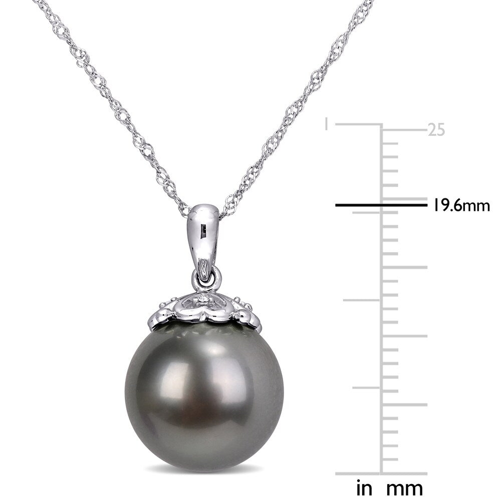 Miadora 10k White Gold Tahitian Cultured Pearl and Diamond Drop Necklace (11-12 MM)