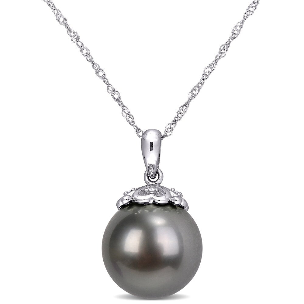 Miadora 10k White Gold Tahitian Cultured Pearl and Diamond Drop Necklace (11-12 MM)