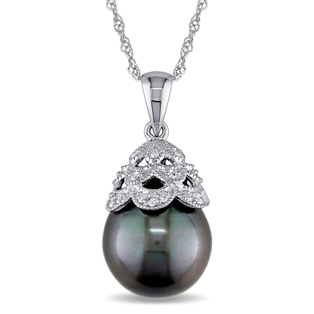 Miadora 10k White Gold Tahitian Pearl and Diamond Necklace